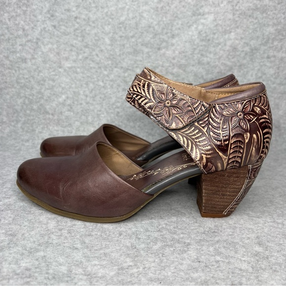 L'artiste Spring Step Toolie Shoes Grey Brown Tooled Leather Mary Jane EU40 US 9 - Picture 3 of 13